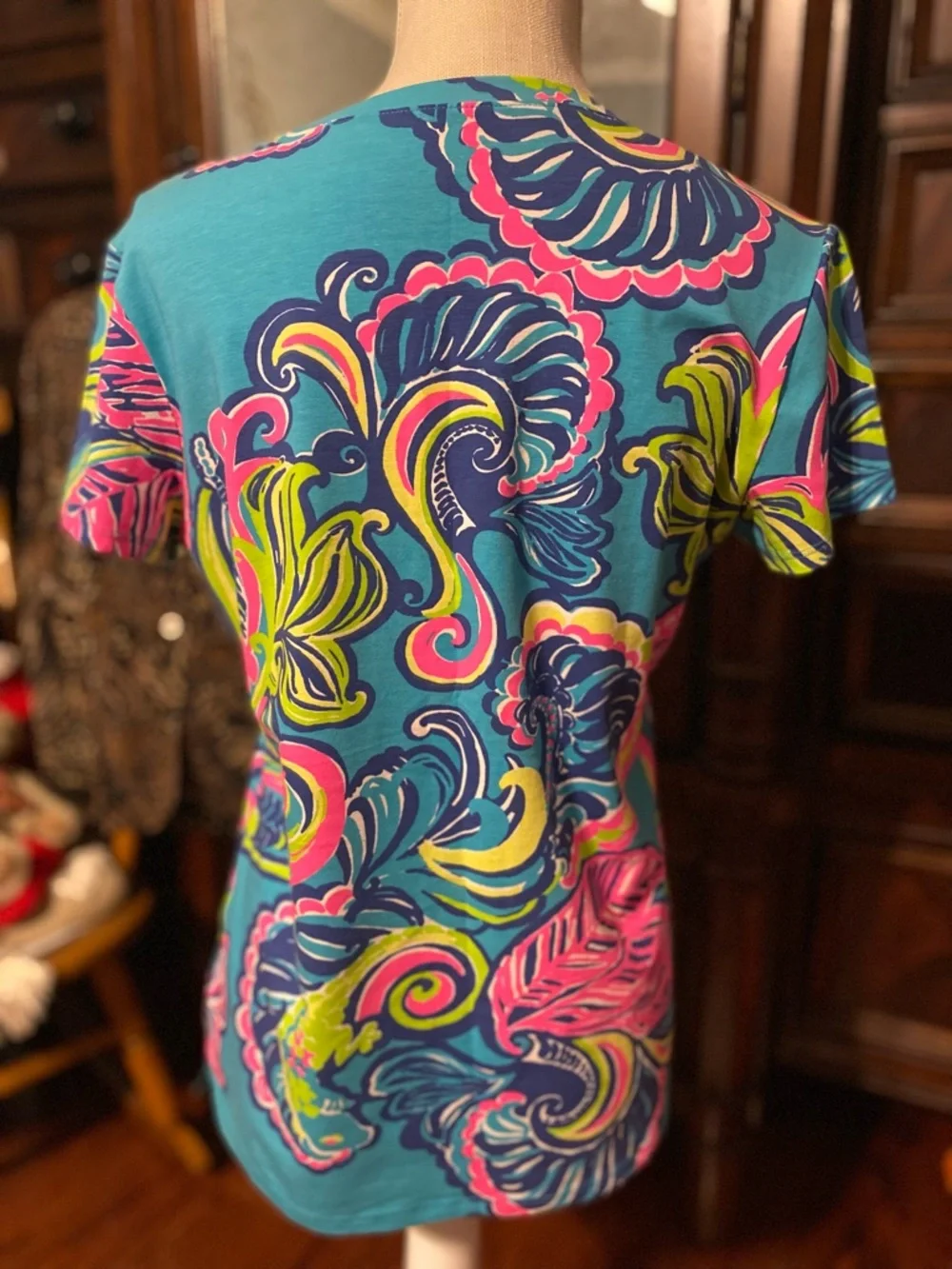 Lilly Pulitzer Teal Top with Pink, Lime & Navy Swirl Print, Size L - Picture 2 of 4